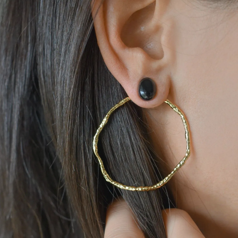Creoles Earrings 24K Gold Plated Gemstone Black Onyx Or Rose Quartz Olivia