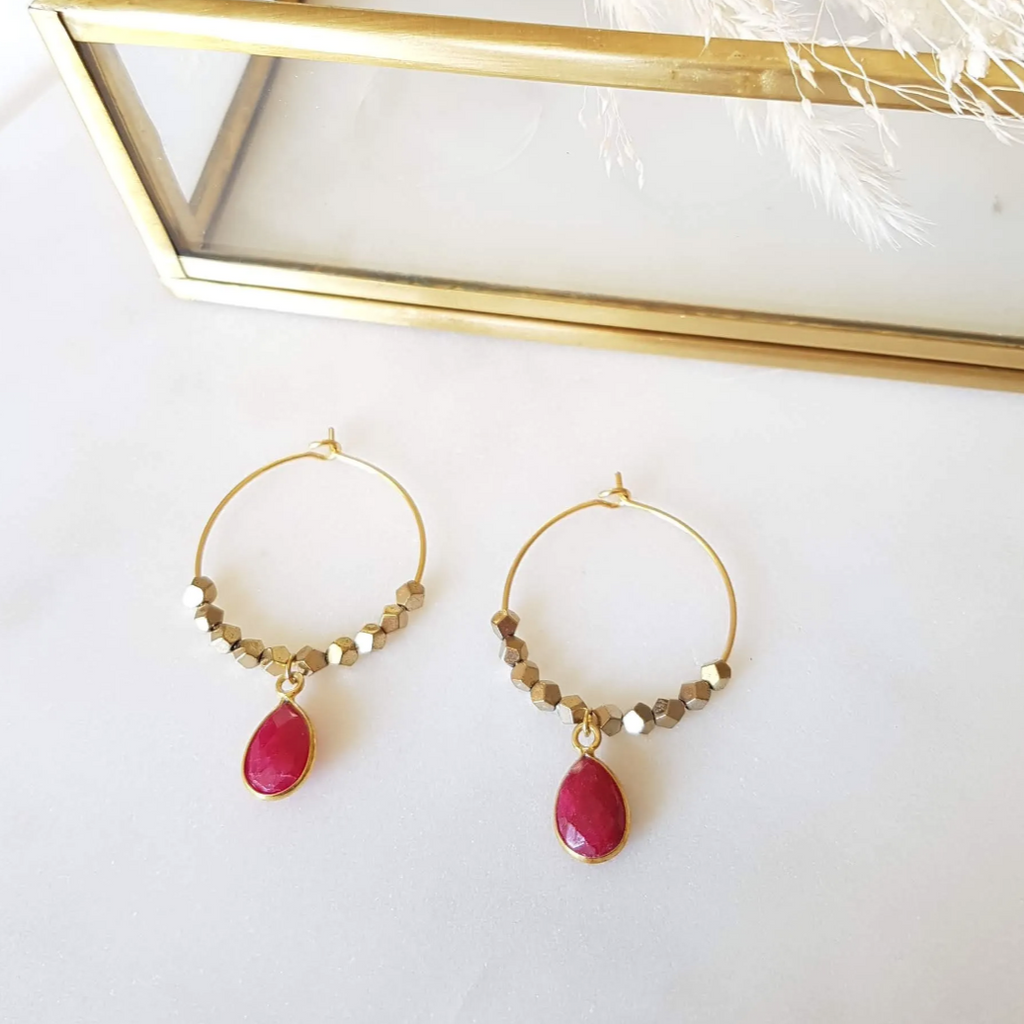 Hematites Rubellite Red Drop Creole Earrings Gold Hoops Handmade Jewellery