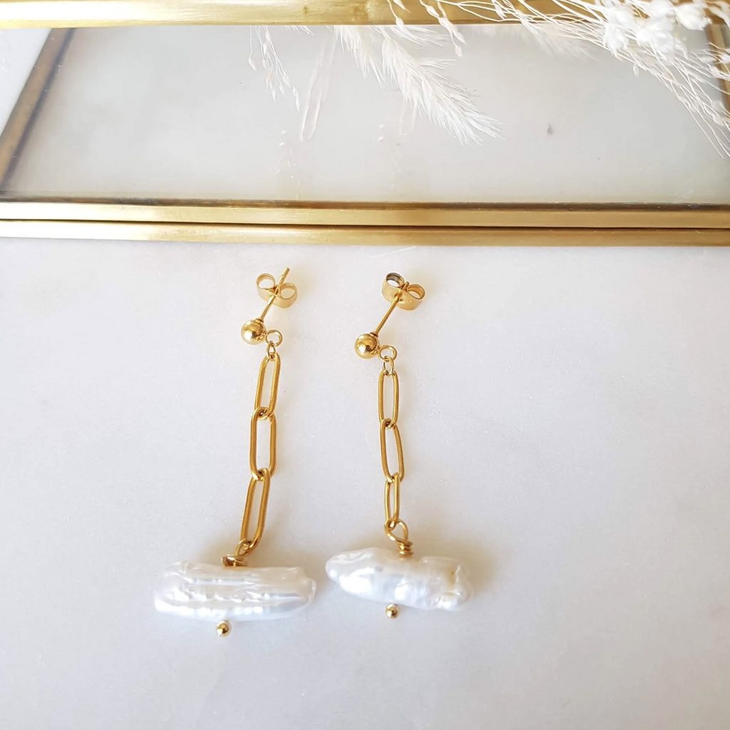 Mother of Pearl Earrings White Flat Golden Paperclip Chain Handmade Jewellery
