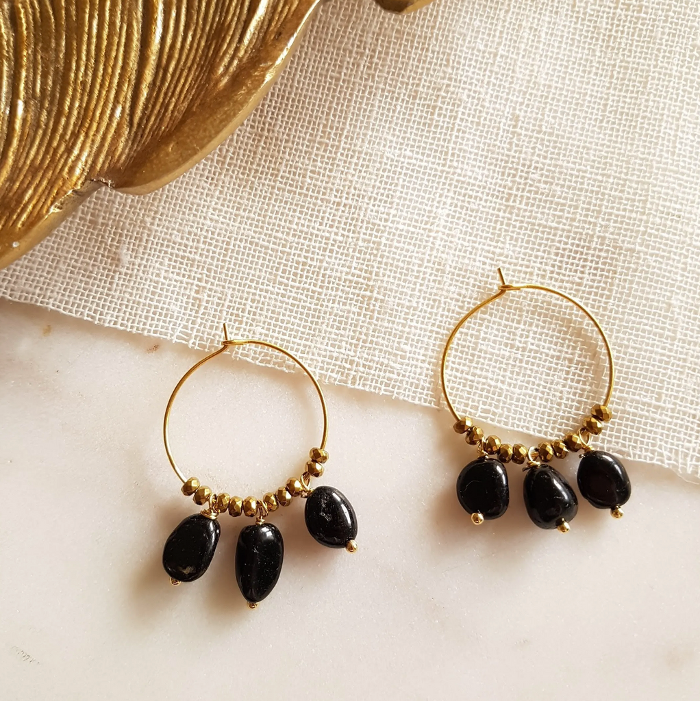 Black and Gold Earrings Tourmalines Hematite Gemstone Drops - Handmade Jewellery