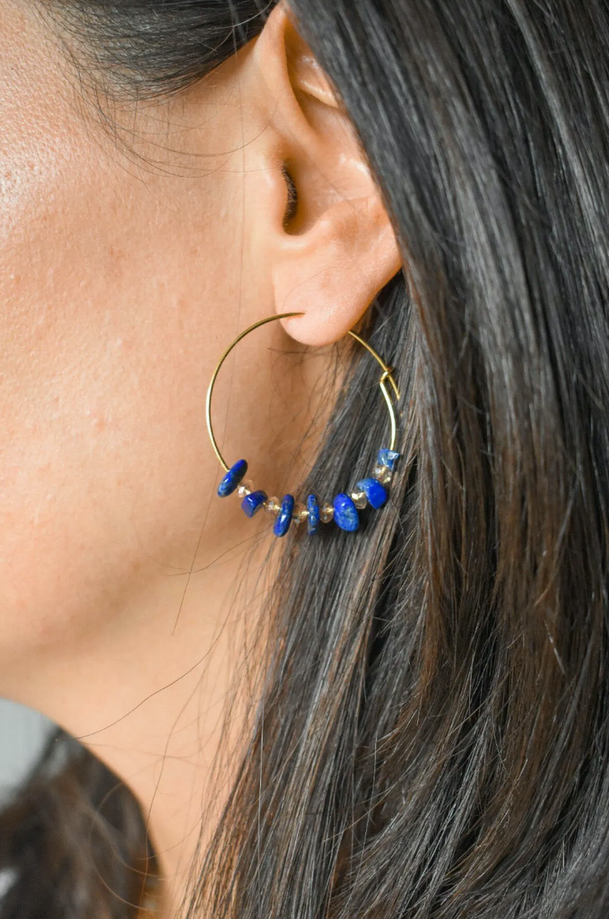 Lapis Lazuli Gemstone Chips Hoop Earrings Creoles Gold Blue Handmade Prisca