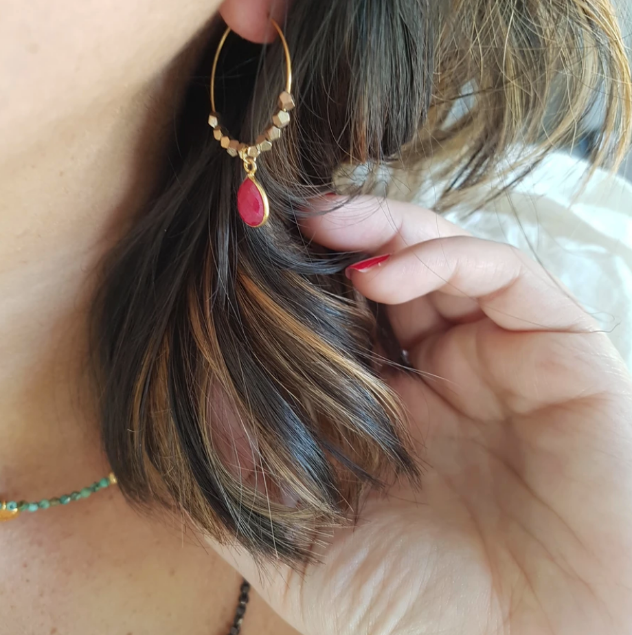 Hematites Rubellite Red Drop Creole Earrings Gold Hoops - Handmade Jewellery