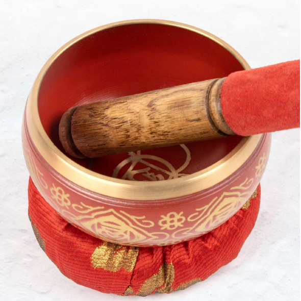 Chakra Tibetan Singing Bowl Gift Set Red Root Boxed with Mallet and Cushion