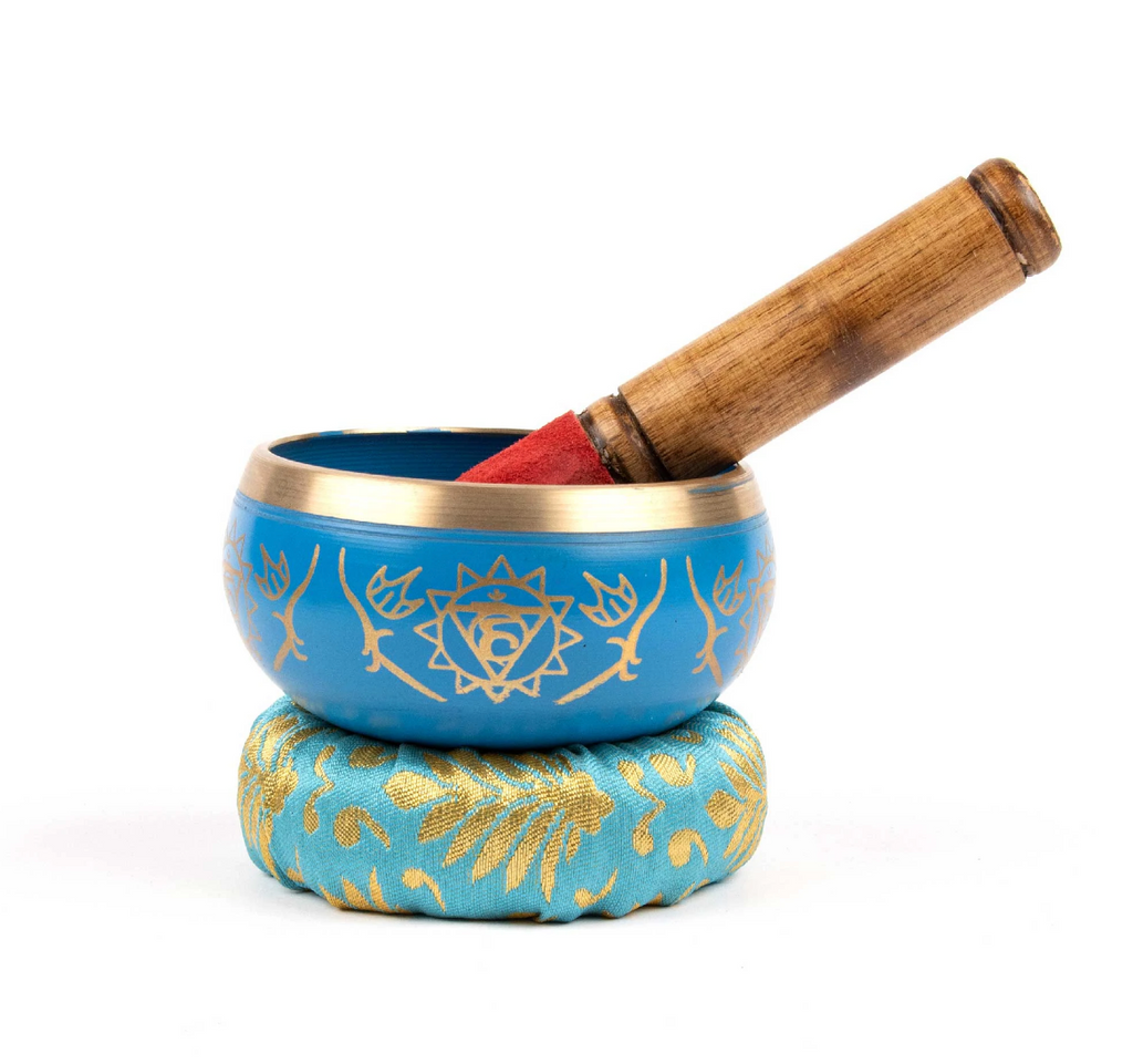 Chakra Tibetan Singing Bowl Gift Set Light Blue Throat Boxed with Mallet and Cushion