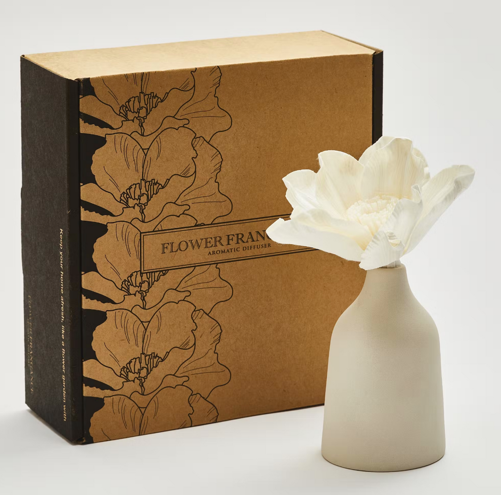 Gift Set Sola Flower Oil Diffuser Handmade Ceramic Vase & Perfume Bottle Cream