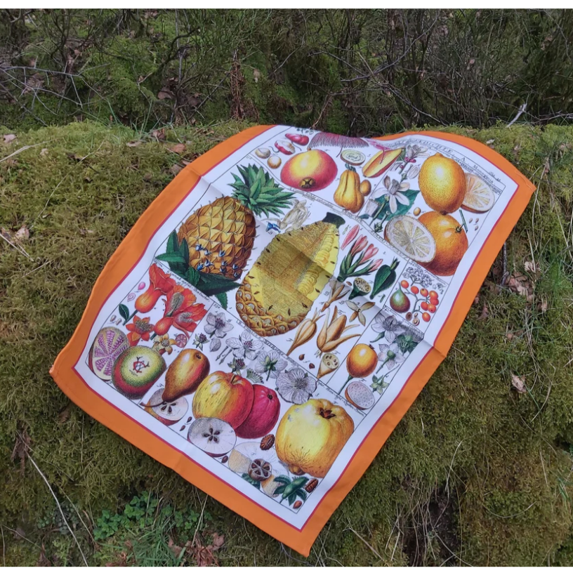 Tea Towel Antique Botanical Exotic Fruit Print Orange Border 100% Cotton UK Made