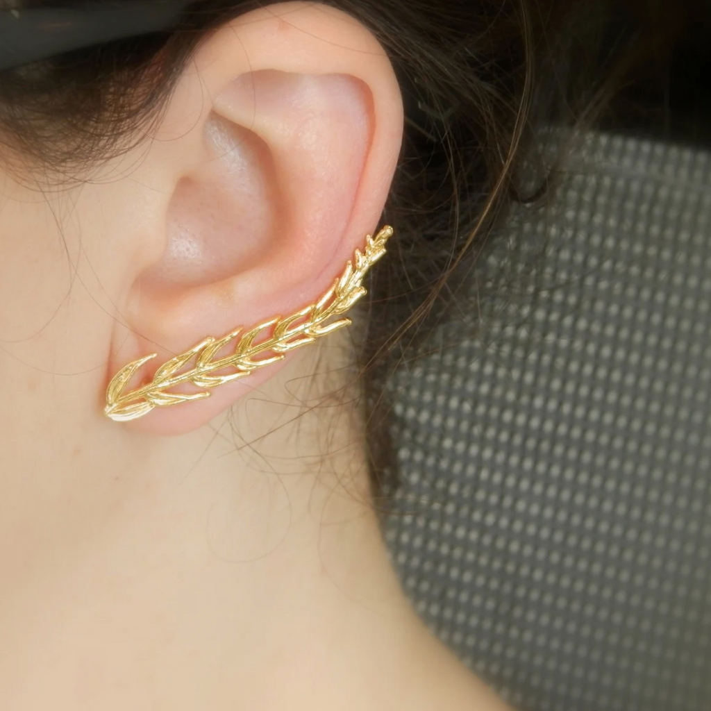 Climber Earrings 24K Gold Plated Recycled Silver Real Araucaria Leaf Organic Jewellery x2