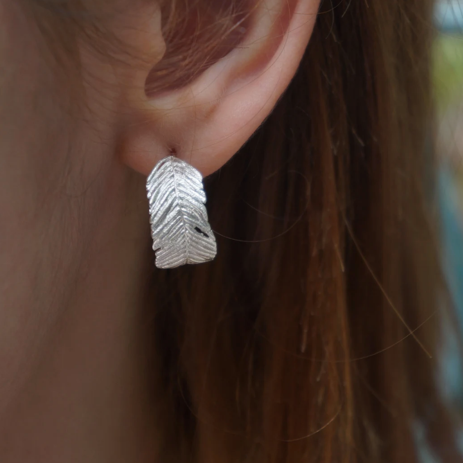 Mimosa Hoop Earrings Real Leaf Recycled 925 Sterling Silver Organic Handmade Jewellery