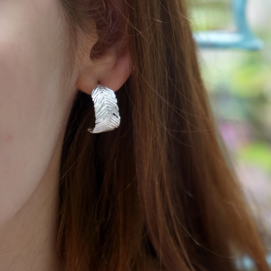 Recycled 925 Silver Earrings Hoop Handmade From Real Mimosa Leaf Organic Jewellery