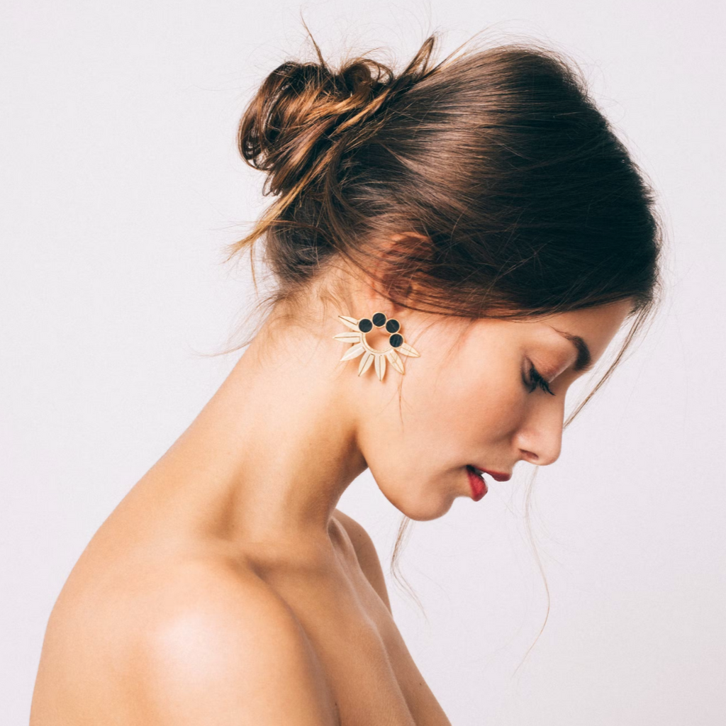 Black Starry Flower Earrings 24K Gold Plated Studs Designer Jewellery