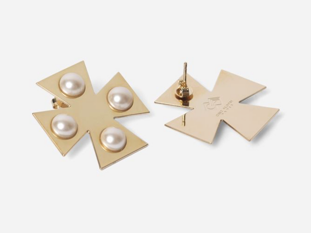 Designer Pearl Earrings 24K Gold Plated Statement Studs White Nostra Cross