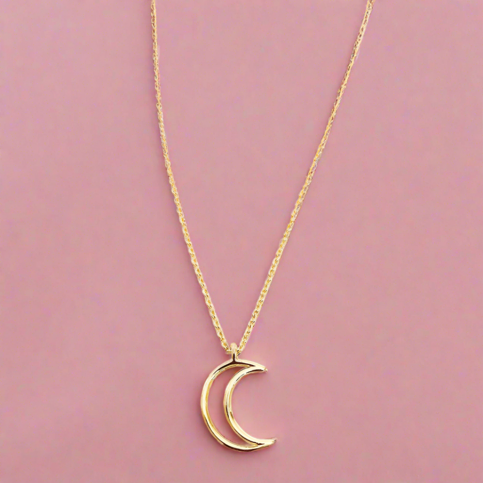 Crescent Moon Layering Necklace 24K Gold Plated Mesh Chain Designer Handmade Jewellery Luna