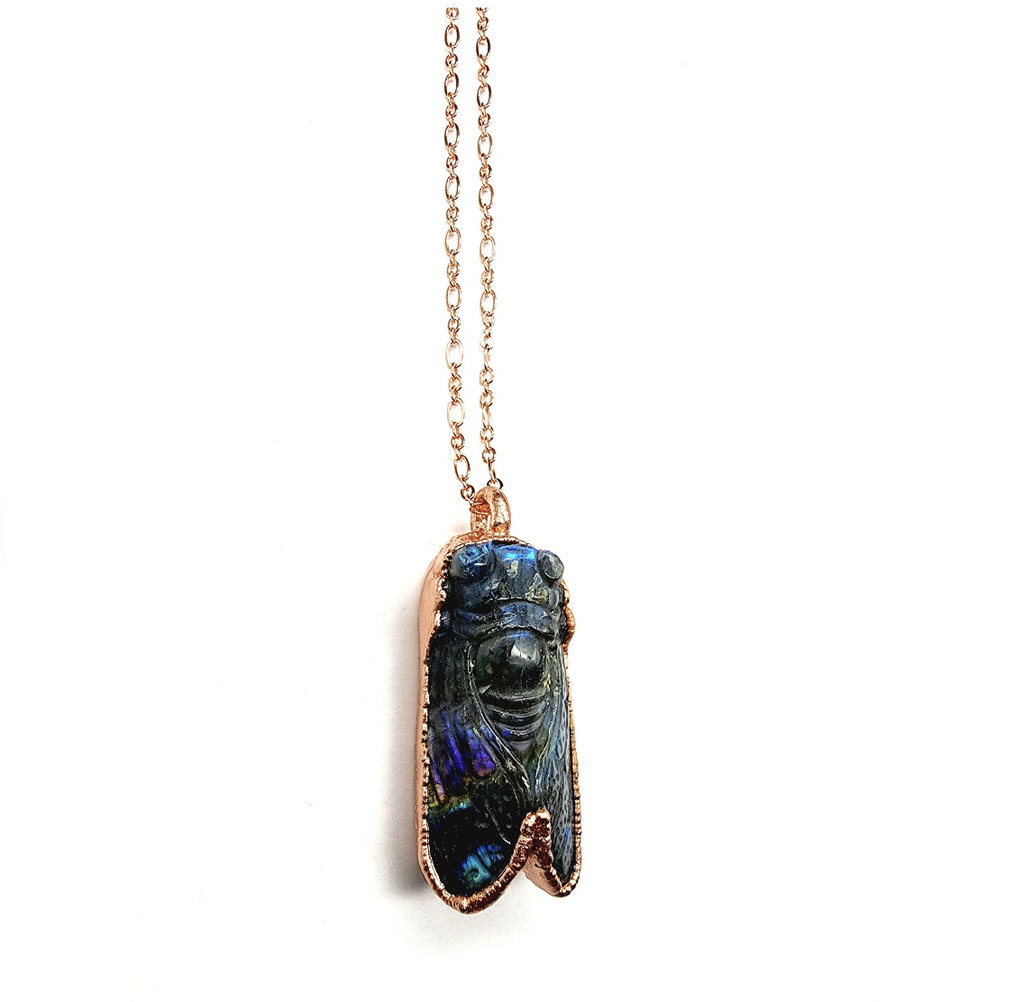 Labradorite Carved Cicada Layering Necklace Copper Handmade Organic Jewellery