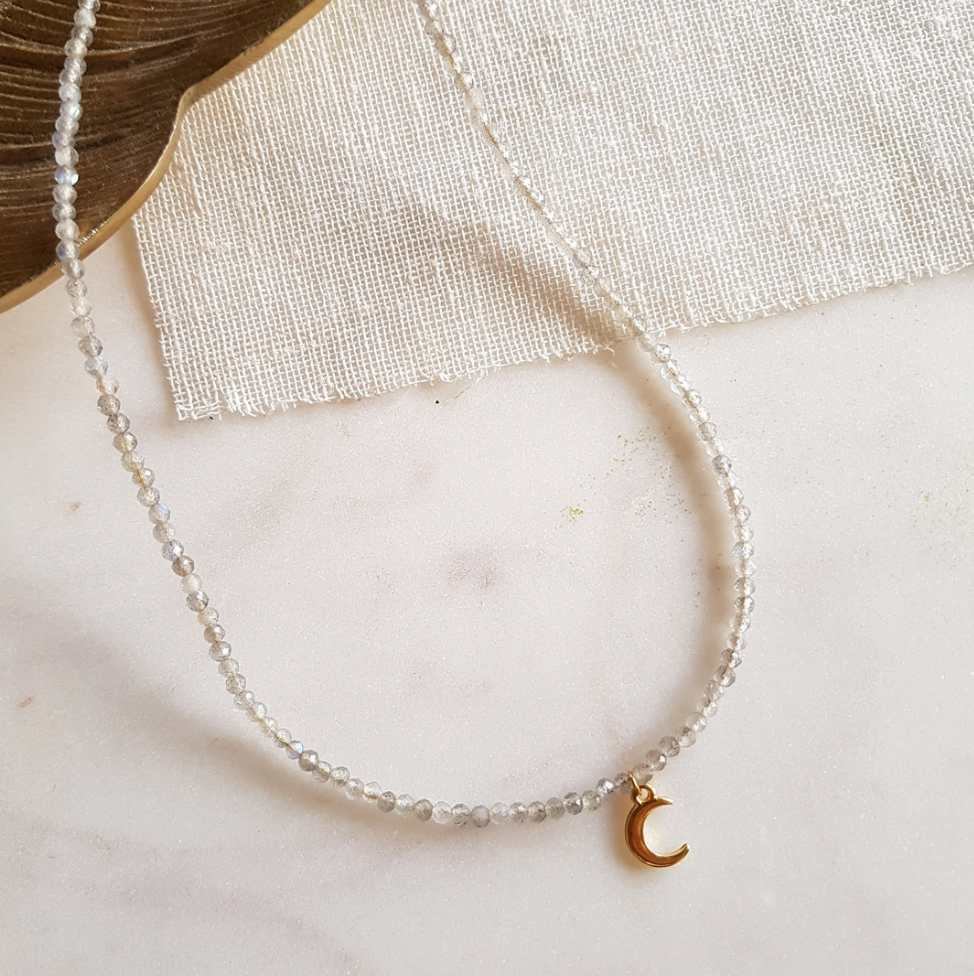 Moon Labradorite Necklace Gold Plated Pendant Handmade Organic Jewellery