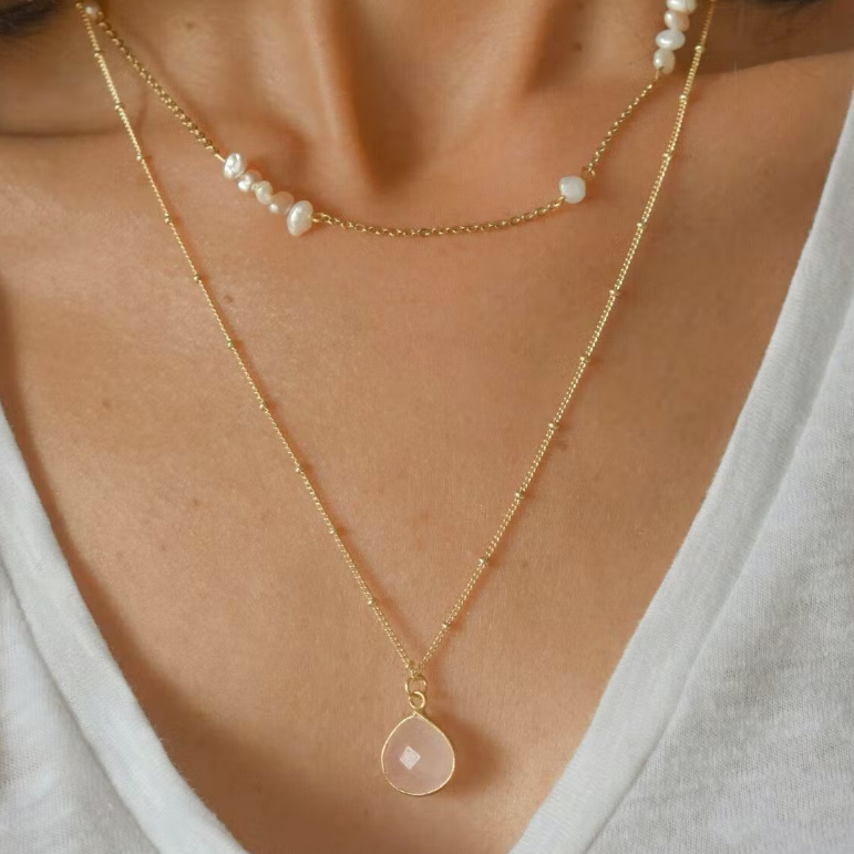 Rose Quartz Necklace Teardrop Faceted Gemstone Gold Chain Handmade Juliet
