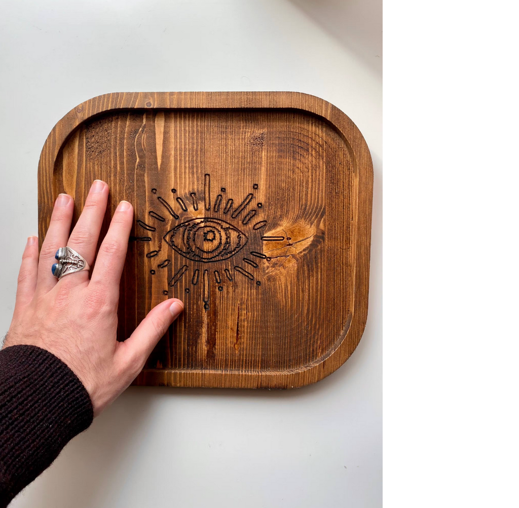 Decorative Tray Eye Engraved - Sustainable Dark Pine Wood Handmade Large
