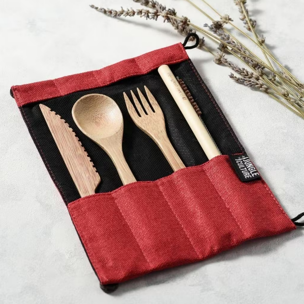 Bamboo Cutlery Set Straw Cleaning Brush Reusable Natural Cotton Pouch (Various Colours)