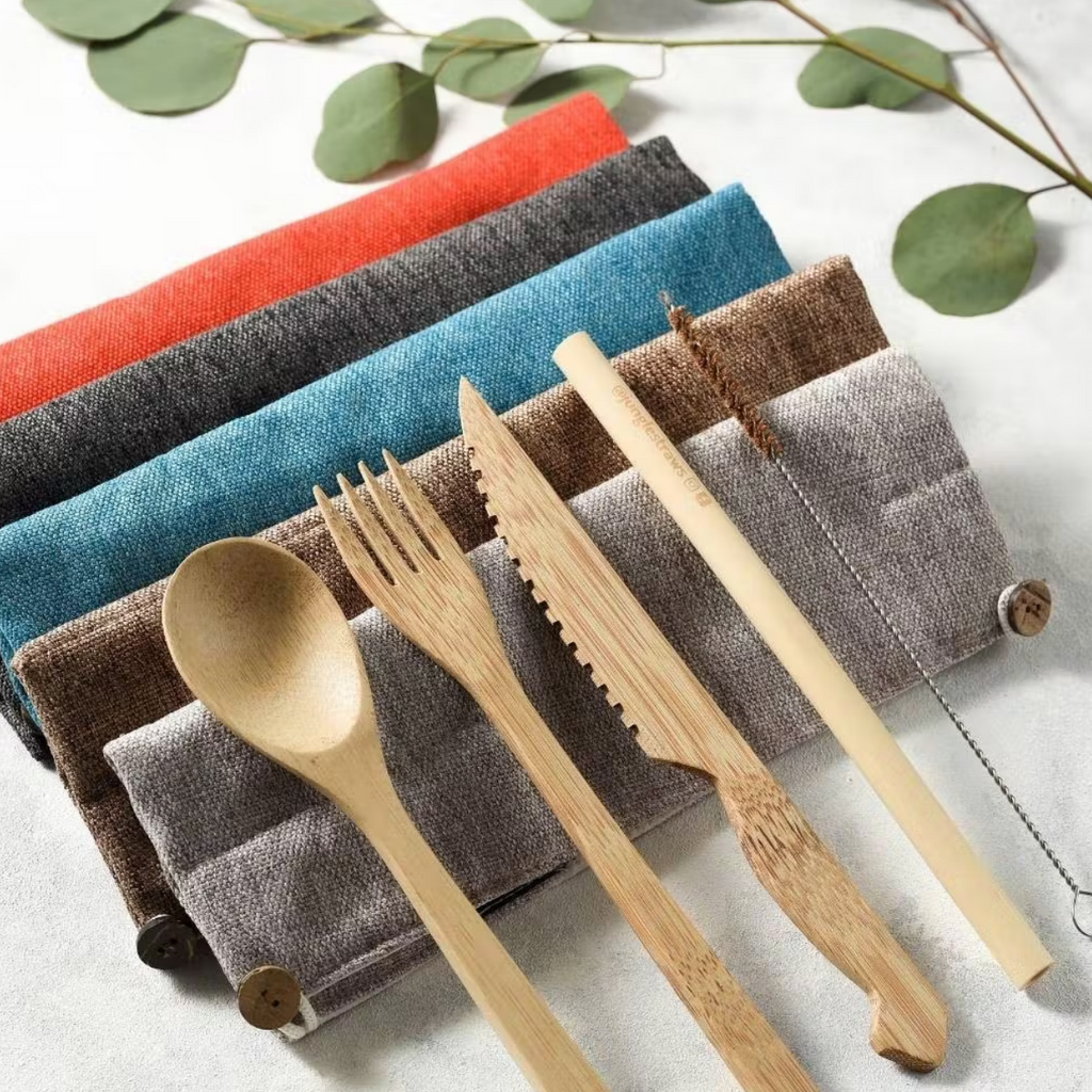 Bamboo Cutlery Set Straw Cleaning Brush Reusable Natural Cotton Pouch (Various Colours)