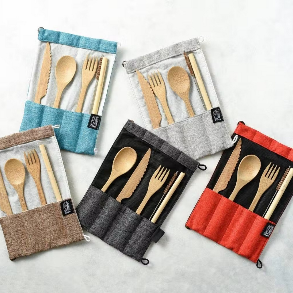Reusable Bamboo Cutlery Set in Natural Cotton Pouch (Multiple Variants)