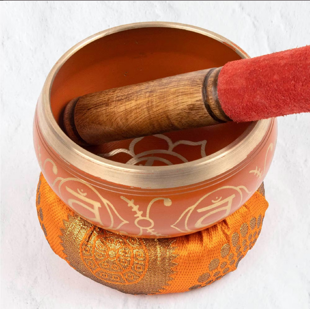 Chakra Tibetan Singing Bowl Gift Set Orange Sacral Boxed with Mallet and Cushion