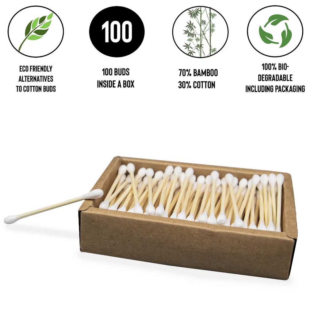 Organic Bamboo Cotton Buds Swabs Sustainable Plastic Free 100 Pack