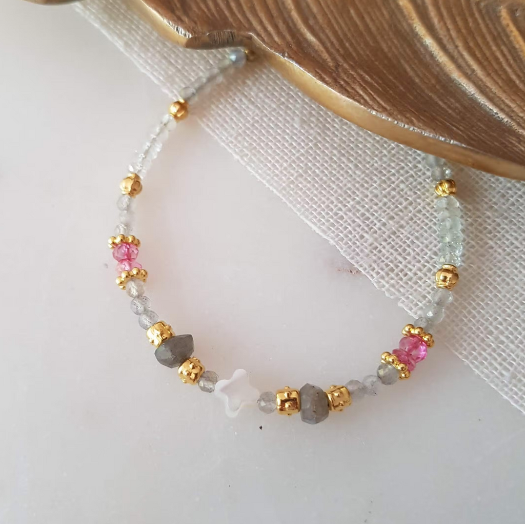 Bracelet Labradorite Nacre & Pink Topaz Gold Plated Fine Jewellery Liz