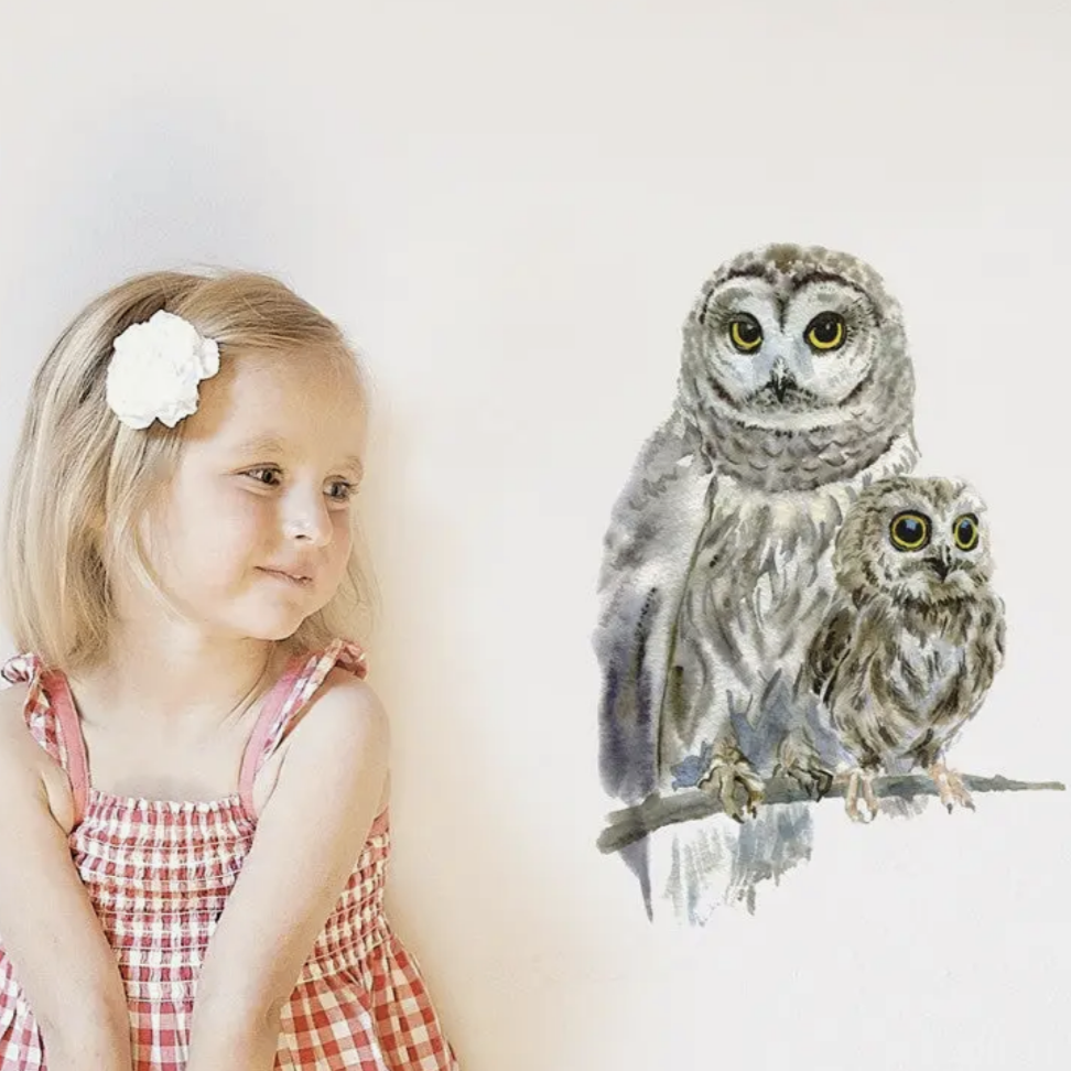 Wall Decal Watercolour Woodland Owls Kids Children Room Decoration Plastic Free