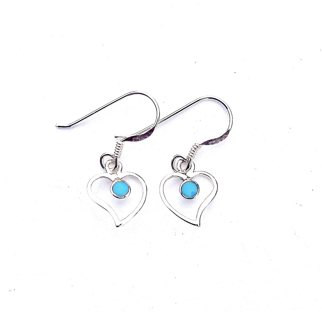 Turquoise Heart Dangle Earrings 925 Sterling Silver Cabochon Gemstone