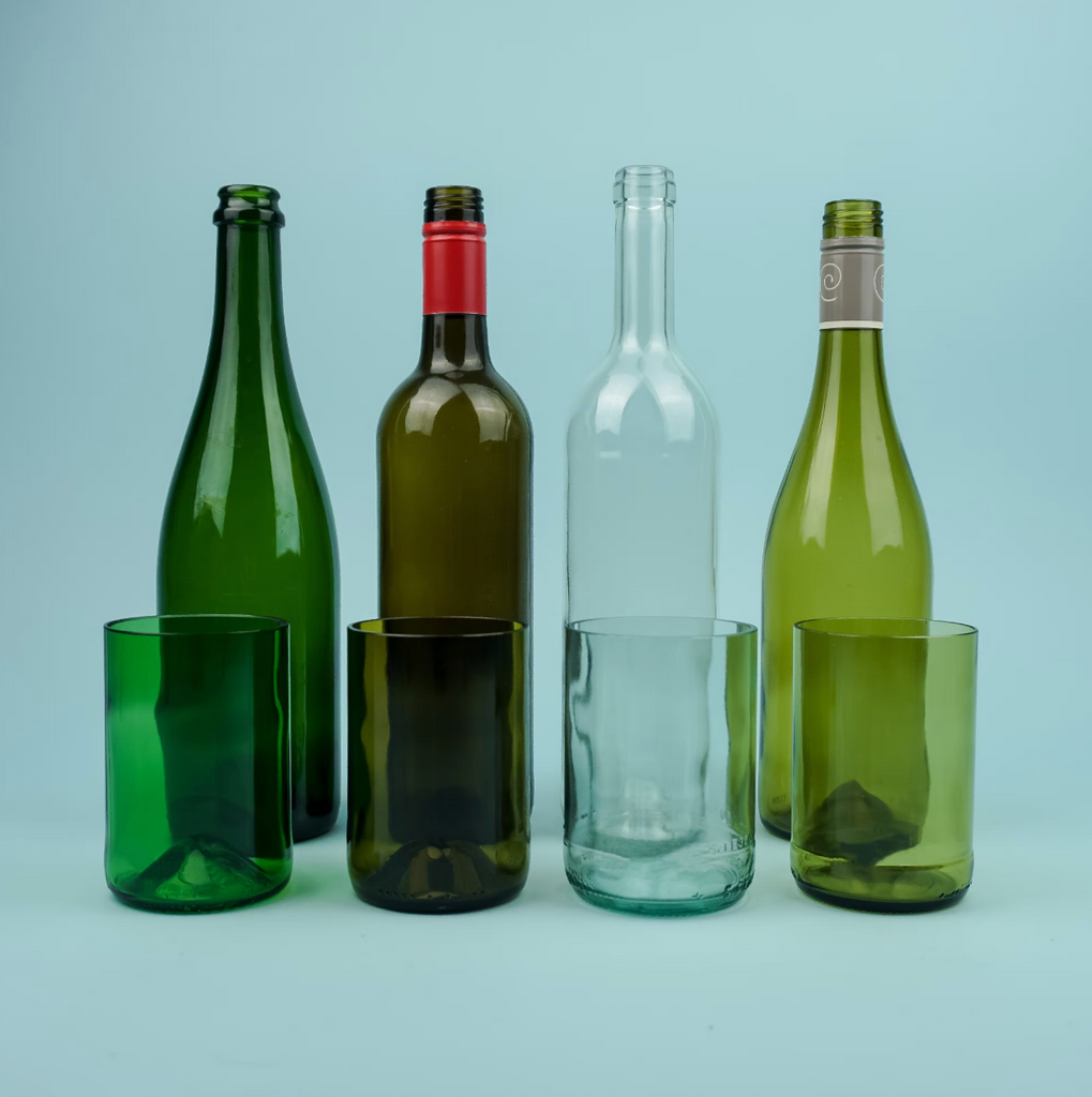 Upcycled Tumbler Glass Bottles Circular Sustainable Pack of 4 in Gift Boxed Olive Green