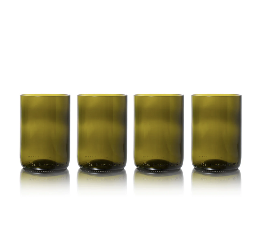 Upcycled Tumbler Glass Bottles Circular Sustainable Pack of 4 in Gift Boxed Olive Green