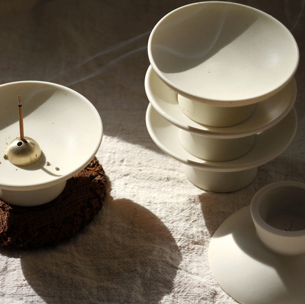 Shibui White Jade Stoneware Japanese Incense Bowl & Stick Holder Hand-turned in London