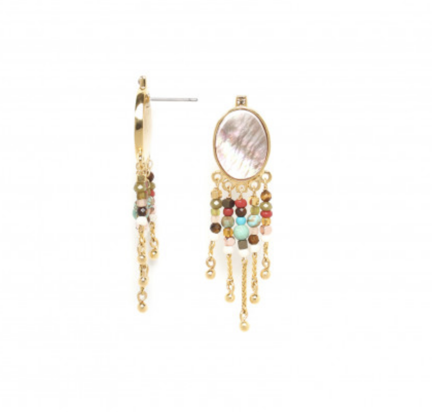 Cabochon Mother of Pearl 5 Dangles Post Earrings Natural Gemstones Gold Plated Victoria