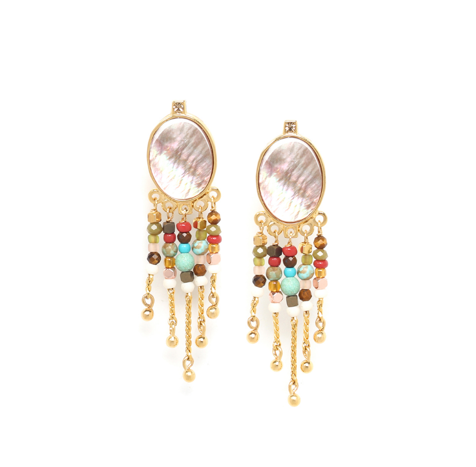 Cabochon Mother of Pearl 5 Dangles Post Earrings Natural Gemstones Gold Plated Victoria
