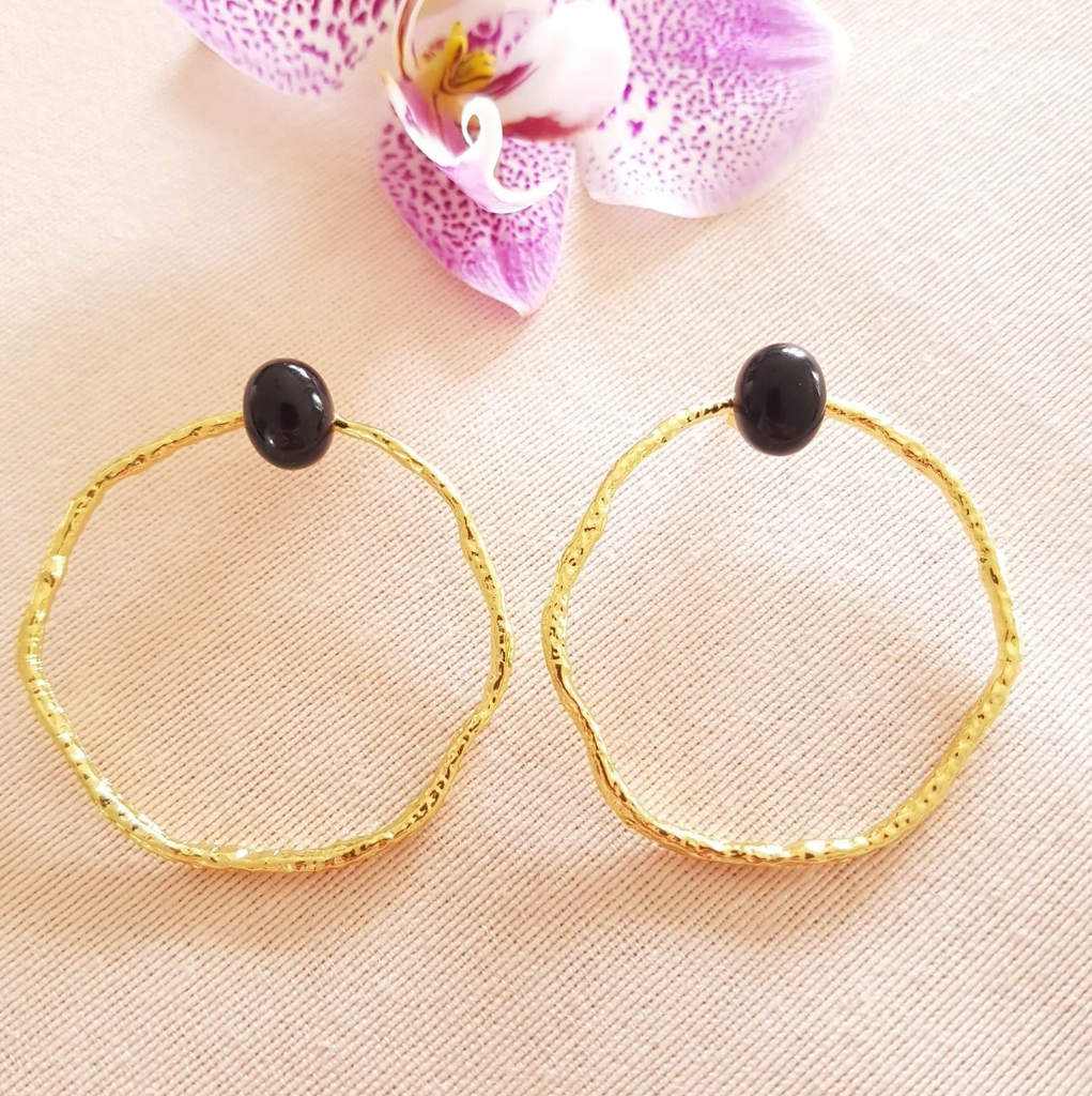 Creoles Earrings 24K Gold Plated Gemstone Black Onyx Or Rose Quartz Handmade Olivia