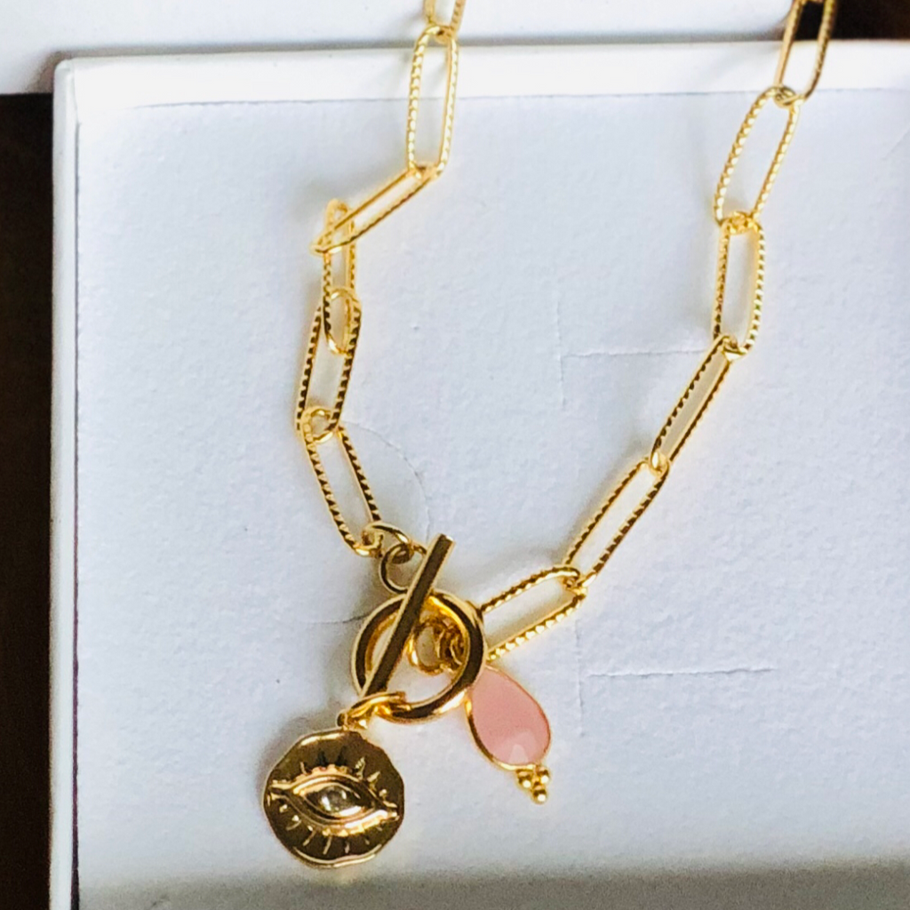 Necklace Pink Rhodochrosite Gold Plated Eye Charm Horus Handmade Jewellery