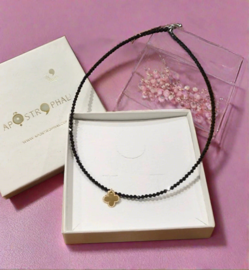 Exclusive Black Spinel Gemstones & Gold Four Leaf Clover Necklace 18K Plated Handmade Lucky